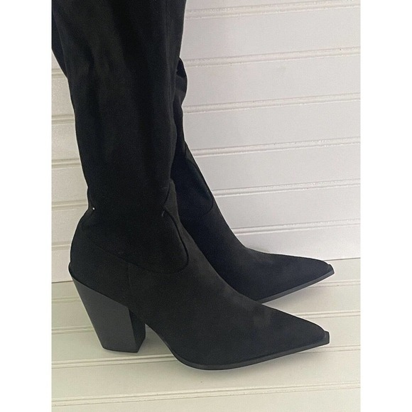 Lulus Faux Suede Knee High Pull On Boots Pointy Toe Mod Block Heel Size 8 - Picture 3 of 8
